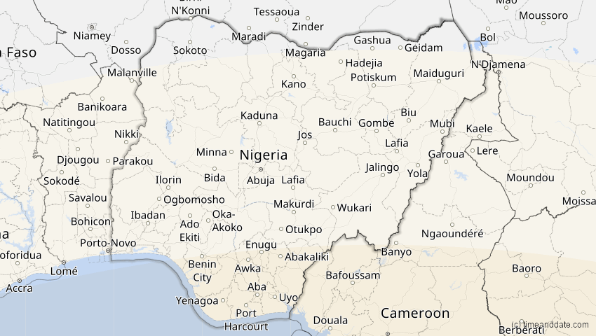 A map of Nigeria, showing the path of the 11. Jun 2086 Totale Sonnenfinsternis