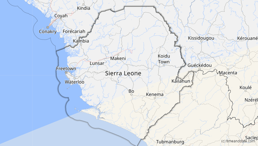 A map of Sierra Leone, showing the path of the 11. Jun 2086 Totale Sonnenfinsternis