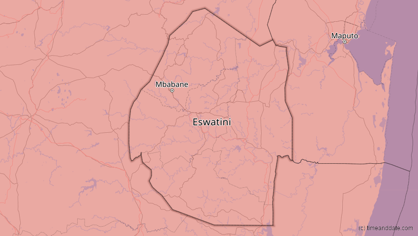 A map of Eswatini, showing the path of the 11. Jun 2086 Totale Sonnenfinsternis