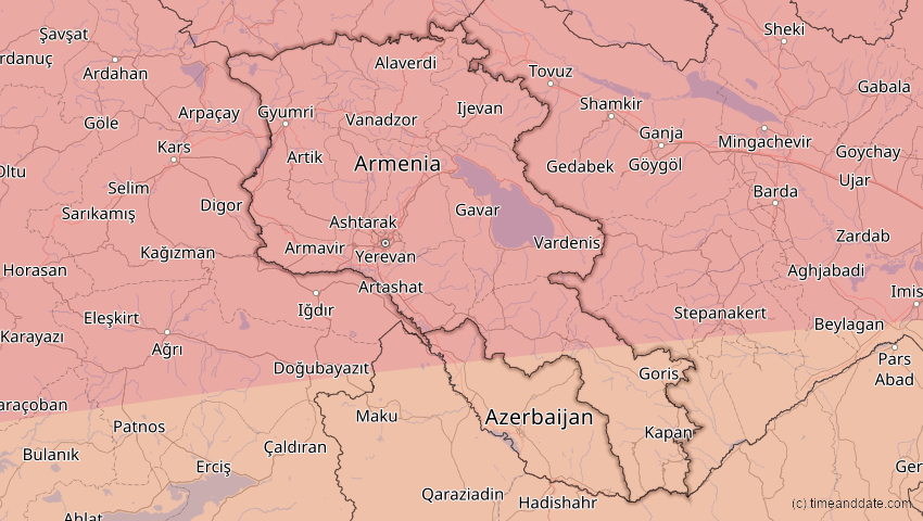 A map of Armenien, showing the path of the 21. Apr 2088 Totale Sonnenfinsternis