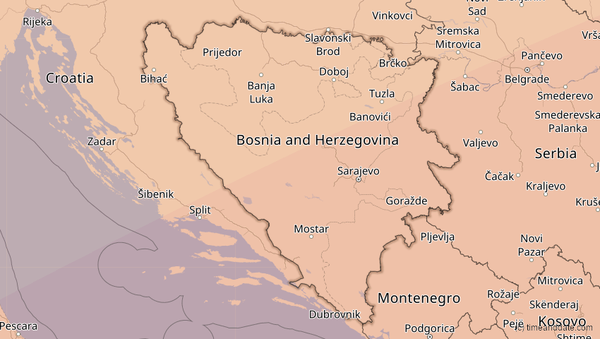 A map of Bosnien und Herzegowina, showing the path of the 21. Apr 2088 Totale Sonnenfinsternis
