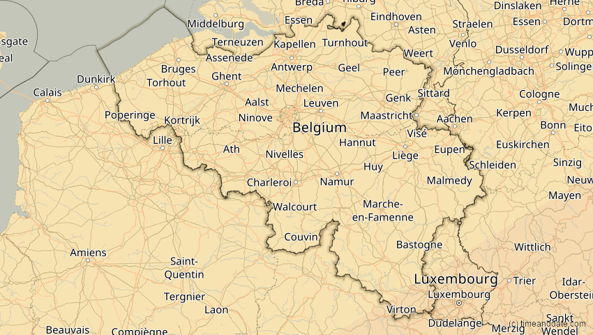 A map of Belgien, showing the path of the 21. Apr 2088 Totale Sonnenfinsternis