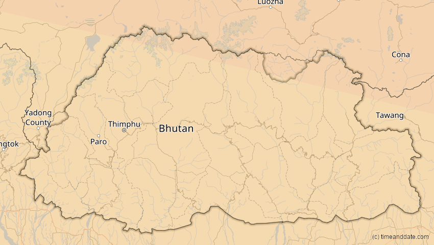 A map of Bhutan, showing the path of the 21. Apr 2088 Totale Sonnenfinsternis