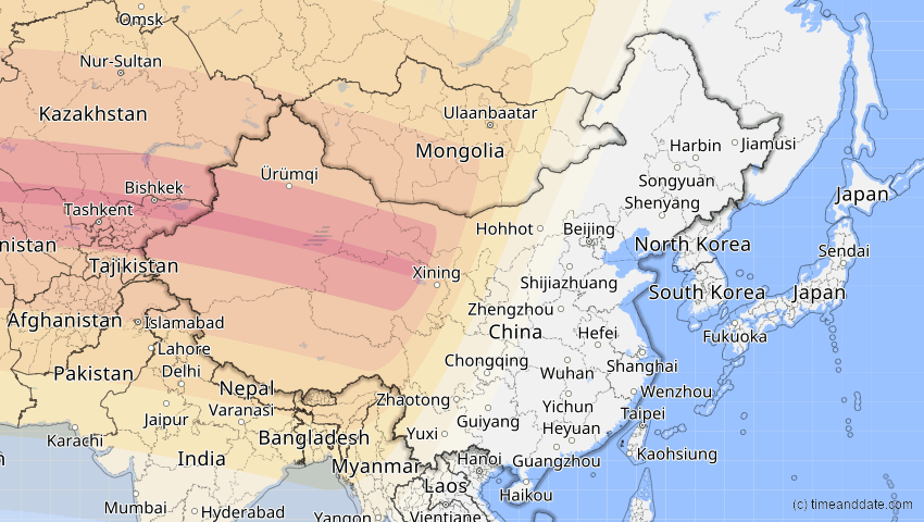 A map of China, showing the path of the 21. Apr 2088 Totale Sonnenfinsternis