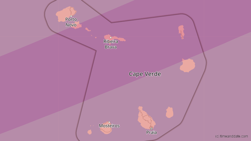 A map of Cabo Verde, showing the path of the 21. Apr 2088 Totale Sonnenfinsternis