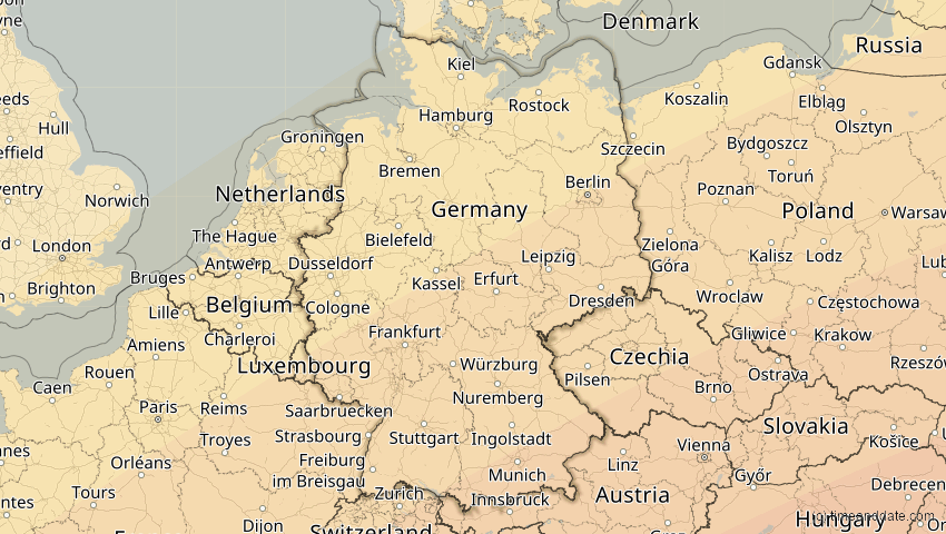 A map of Deutschland, showing the path of the 21. Apr 2088 Totale Sonnenfinsternis