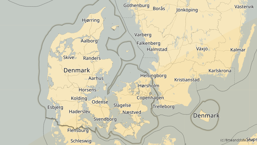 A map of Dänemark, showing the path of the 21. Apr 2088 Totale Sonnenfinsternis