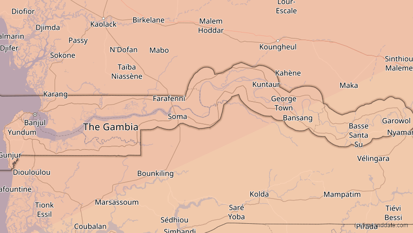 A map of Gambia, showing the path of the 21. Apr 2088 Totale Sonnenfinsternis