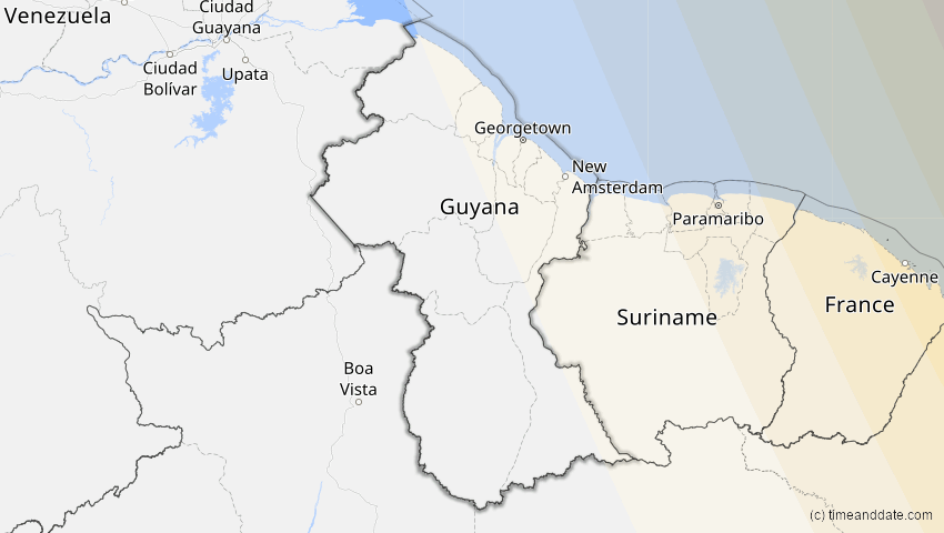 A map of Guyana, showing the path of the 21. Apr 2088 Totale Sonnenfinsternis