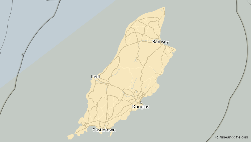 A map of Isle of Man, showing the path of the 21. Apr 2088 Totale Sonnenfinsternis
