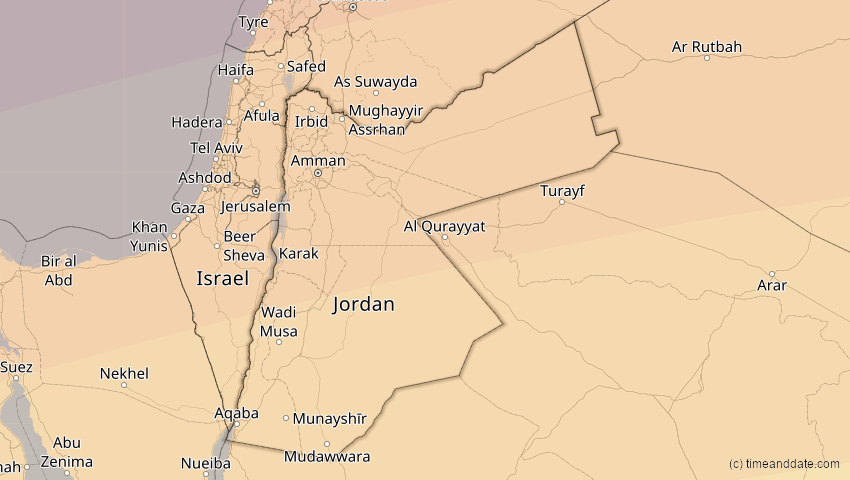 A map of Jordanien, showing the path of the 21. Apr 2088 Totale Sonnenfinsternis