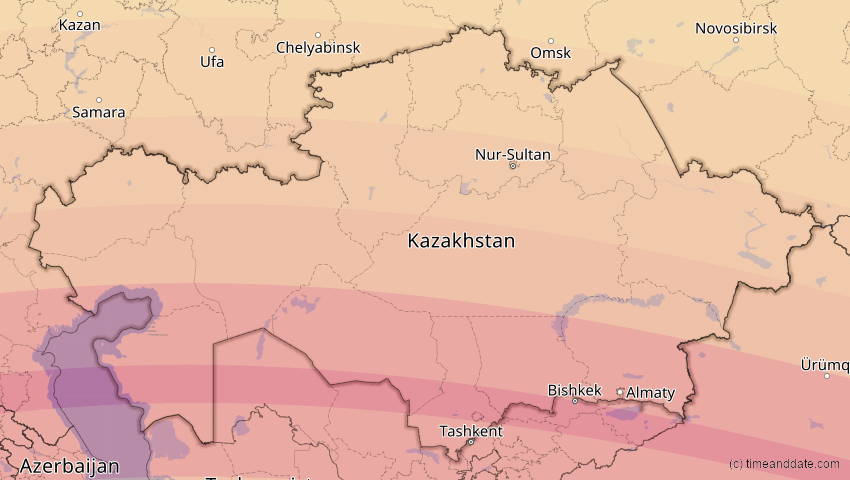 A map of Kasachstan, showing the path of the 21. Apr 2088 Totale Sonnenfinsternis