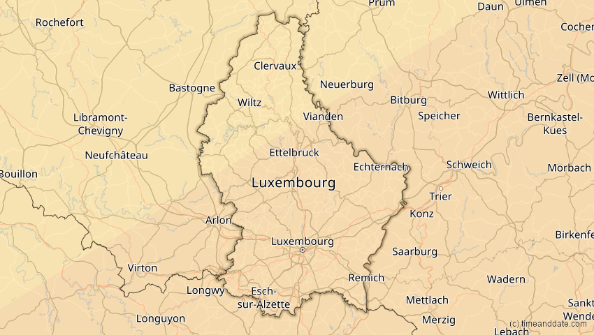 A map of Luxemburg, showing the path of the 21. Apr 2088 Totale Sonnenfinsternis