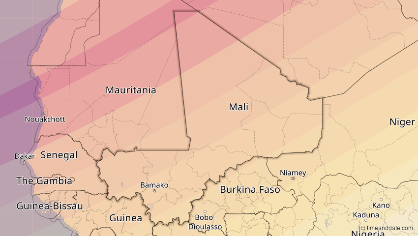 A map of Mali, showing the path of the 21. Apr 2088 Totale Sonnenfinsternis