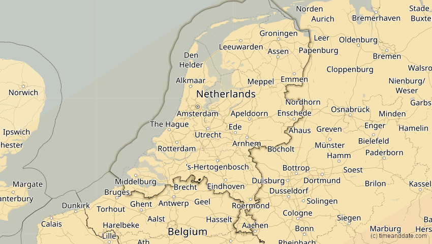 A map of Niederlande, showing the path of the 21. Apr 2088 Totale Sonnenfinsternis