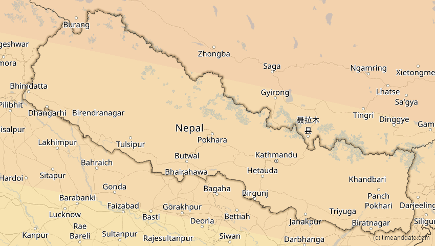 A map of Nepal, showing the path of the 21. Apr 2088 Totale Sonnenfinsternis