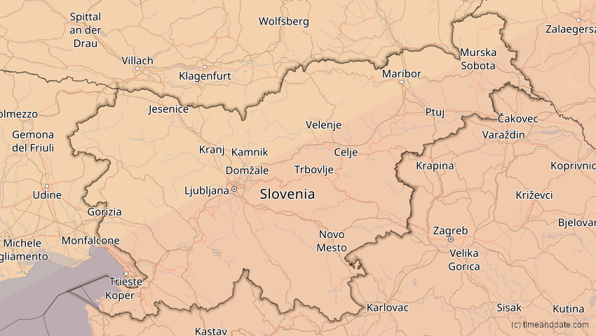 A map of Slowenien, showing the path of the 21. Apr 2088 Totale Sonnenfinsternis