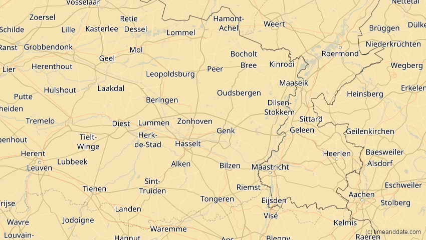 A map of Limburg, Belgien, showing the path of the 21. Apr 2088 Totale Sonnenfinsternis