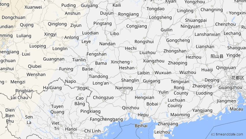 A map of Guangxi, China, showing the path of the 21. Apr 2088 Totale Sonnenfinsternis