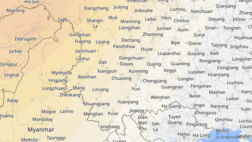 A map of Yunnan, China, showing the path of the 21. Apr 2088 Totale Sonnenfinsternis
