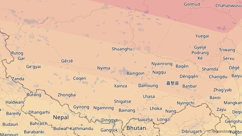 A map of Tibet, China, showing the path of the 21. Apr 2088 Totale Sonnenfinsternis