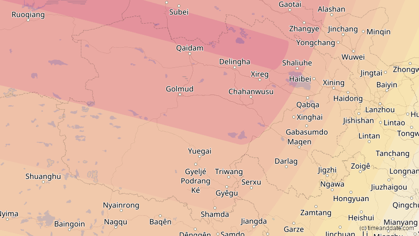 A map of Qinghai, China, showing the path of the 21. Apr 2088 Totale Sonnenfinsternis