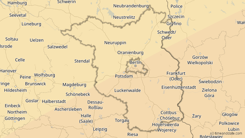 A map of Brandenburg, Deutschland, showing the path of the 21. Apr 2088 Totale Sonnenfinsternis