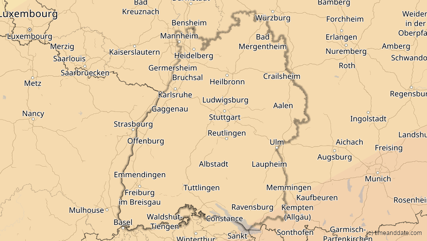 A map of Baden-Württemberg, Deutschland, showing the path of the 21. Apr 2088 Totale Sonnenfinsternis
