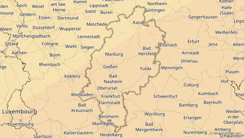 A map of Hessen, Deutschland, showing the path of the 21. Apr 2088 Totale Sonnenfinsternis
