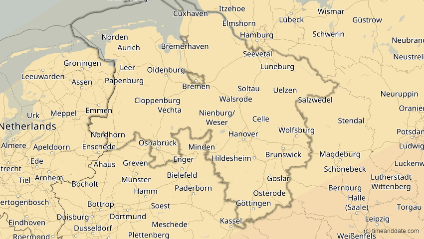 A map of Niedersachsen, Deutschland, showing the path of the 21. Apr 2088 Totale Sonnenfinsternis