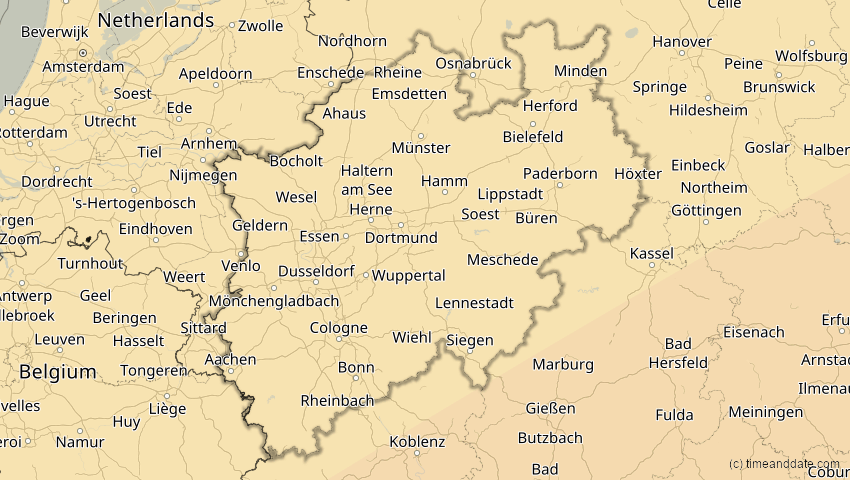 A map of Nordrhein-Westfalen, Deutschland, showing the path of the 21. Apr 2088 Totale Sonnenfinsternis