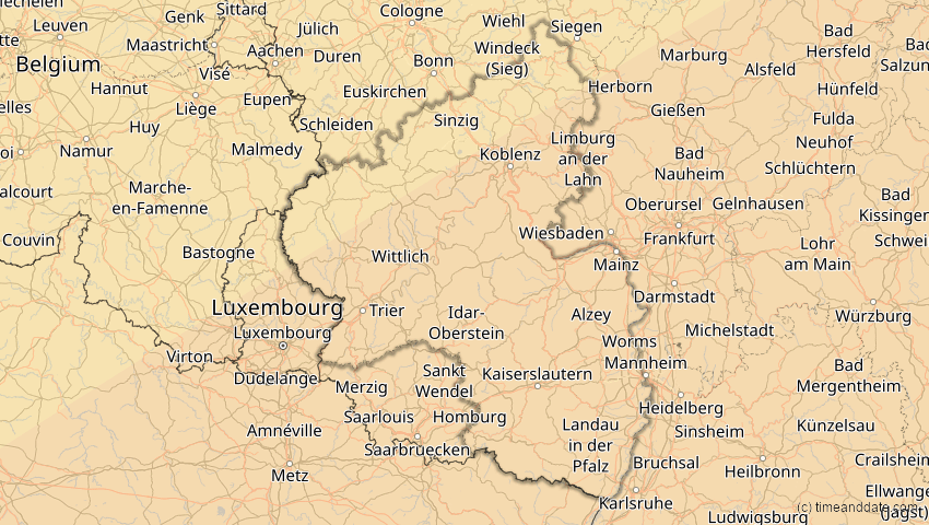 A map of Rheinland-Pfalz, Deutschland, showing the path of the 21. Apr 2088 Totale Sonnenfinsternis