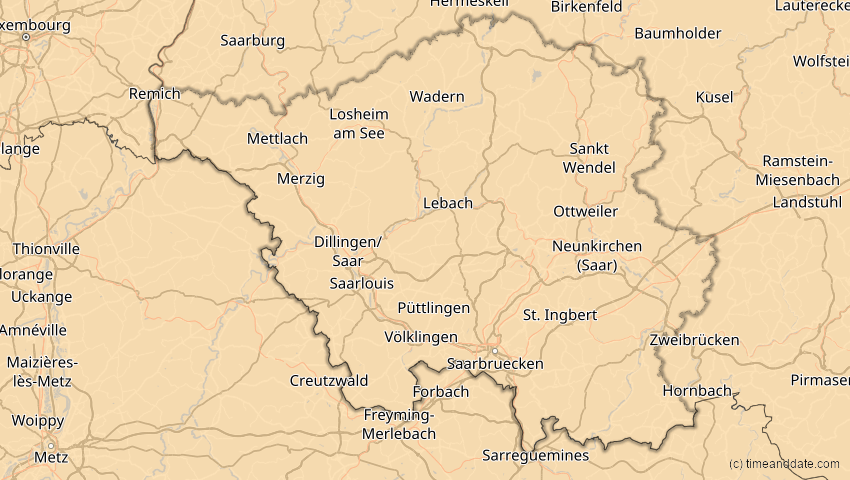 A map of Saarland, Deutschland, showing the path of the 21. Apr 2088 Totale Sonnenfinsternis