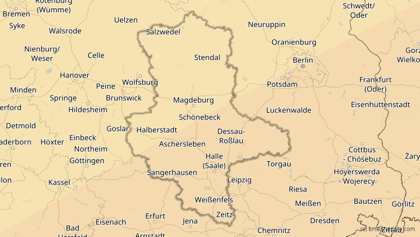 A map of Sachsen-Anhalt, Deutschland, showing the path of the 21. Apr 2088 Totale Sonnenfinsternis