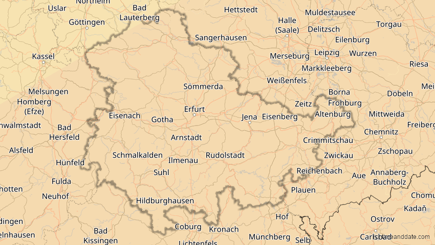 A map of Thüringen, Deutschland, showing the path of the 21. Apr 2088 Totale Sonnenfinsternis