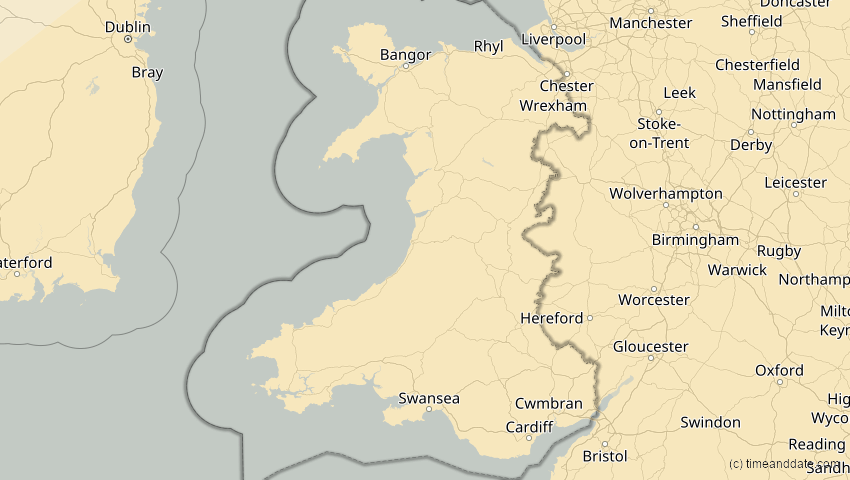 A map of Wales, Großbritannien, showing the path of the 21. Apr 2088 Totale Sonnenfinsternis