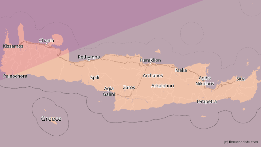 A map of Kreta, Griechenland, showing the path of the 21. Apr 2088 Totale Sonnenfinsternis