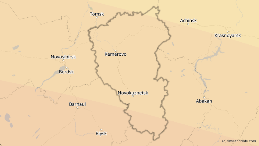 A map of Kemerowo, Russland, showing the path of the 21. Apr 2088 Totale Sonnenfinsternis