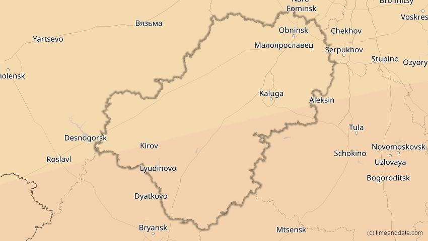 A map of Kaluga, Russland, showing the path of the 21. Apr 2088 Totale Sonnenfinsternis