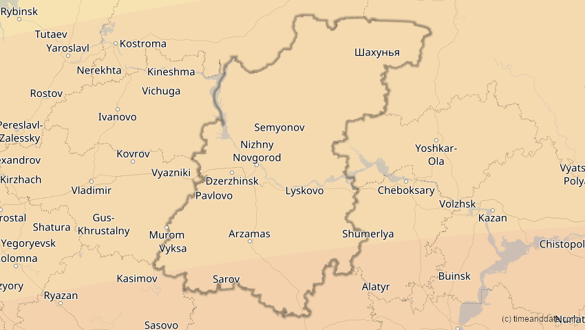 A map of Nischni Nowgorod, Russland, showing the path of the 21. Apr 2088 Totale Sonnenfinsternis