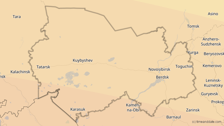 A map of Nowosibirsk, Russland, showing the path of the 21. Apr 2088 Totale Sonnenfinsternis