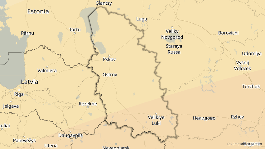 A map of Pskow, Russland, showing the path of the 21. Apr 2088 Totale Sonnenfinsternis