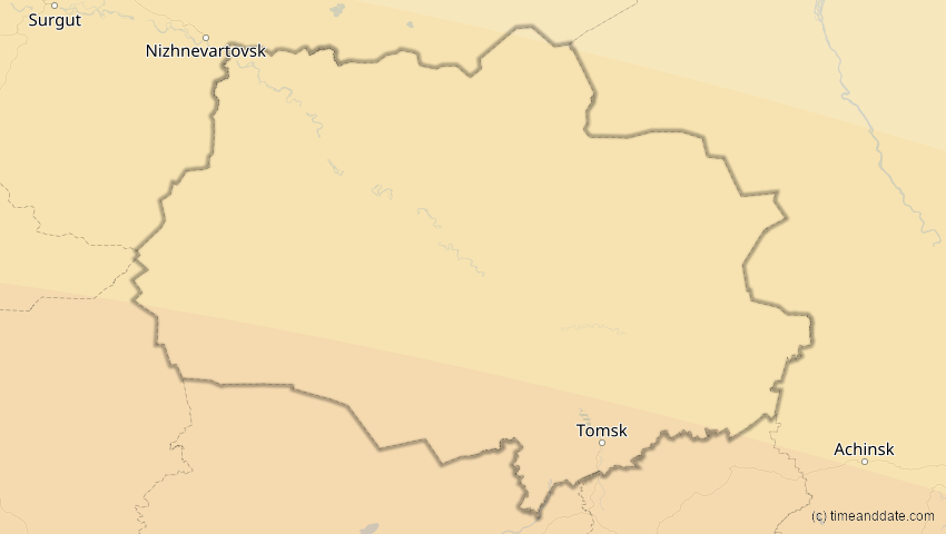 A map of Tomsk, Russland, showing the path of the 21. Apr 2088 Totale Sonnenfinsternis