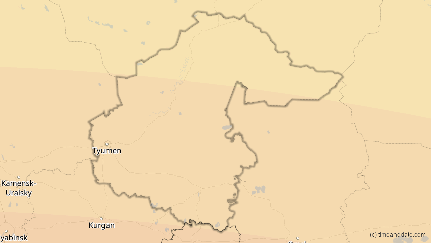 A map of Tjumen, Russland, showing the path of the 21. Apr 2088 Totale Sonnenfinsternis