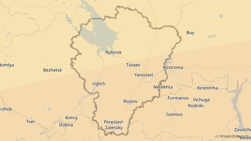 A map of Jaroslawl, Russland, showing the path of the 21. Apr 2088 Totale Sonnenfinsternis