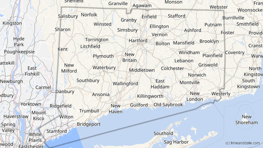 A map of Connecticut, USA, showing the path of the 21. Apr 2088 Totale Sonnenfinsternis