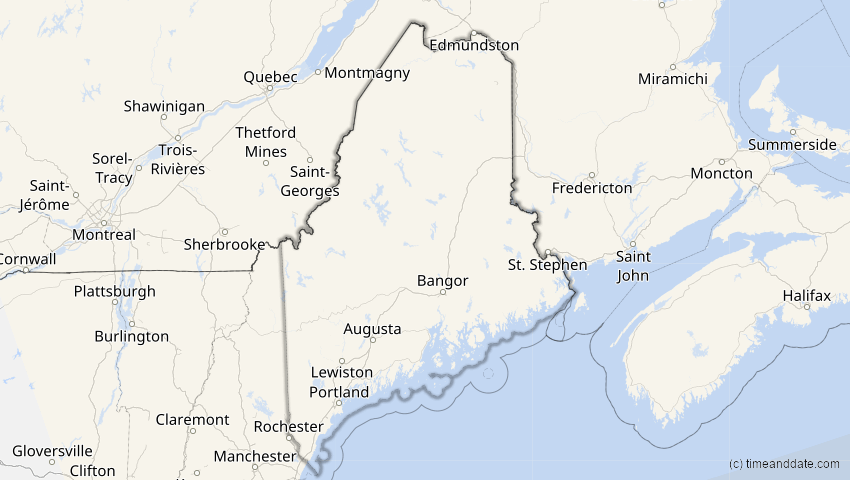 A map of Maine, USA, showing the path of the 21. Apr 2088 Totale Sonnenfinsternis