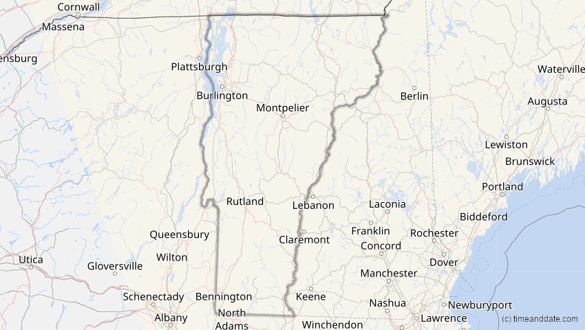 A map of Vermont, USA, showing the path of the 21. Apr 2088 Totale Sonnenfinsternis