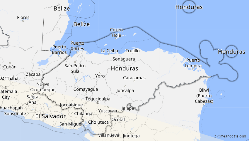 A map of Honduras, showing the path of the 14. Okt 2088 Ringförmige Sonnenfinsternis