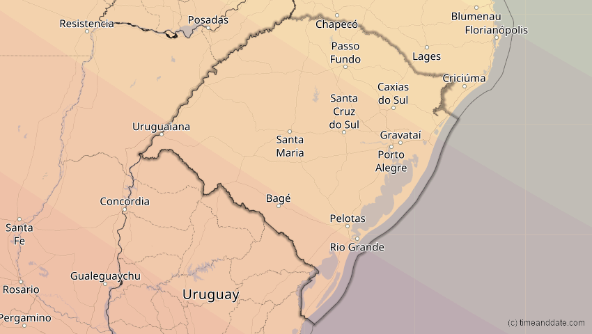 A map of Rio Grande do Sul, Brasilien, showing the path of the 14. Okt 2088 Ringförmige Sonnenfinsternis